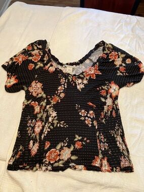 American Rag Black Floral Smocked Peplum Top with Coral and Cream Flowers